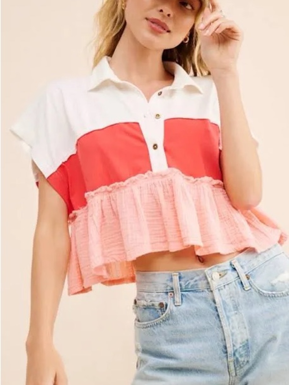 Pilcro White, Red & Peach Tiered Button-Front cap Sleeve Sz XXS Polo NWT